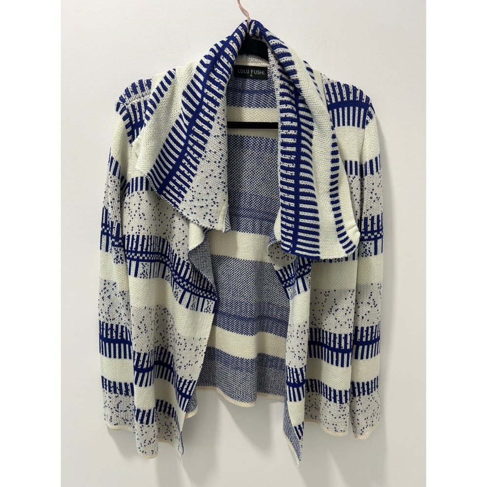 Lulu Fushi Blue White Geometric Open Front Waterfall Cardigan Sweater Small